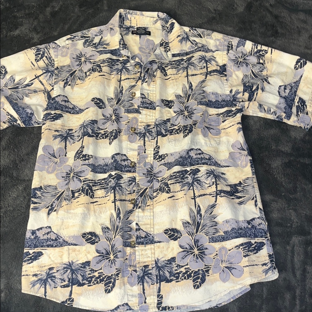 FADED GLORY Men’s Beach Patterned Cream and Navy Button Up Shirt